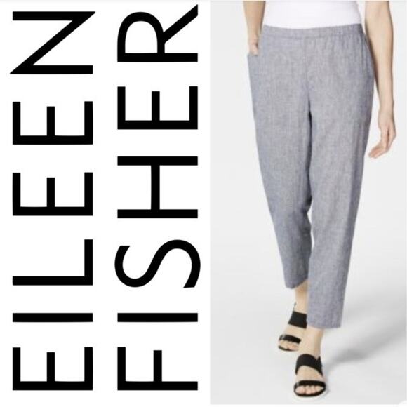 Eileen Fisher 100% Organic Linen Ankle Crop Pants Pockets Heather Blue Large - Picture 1 of 9